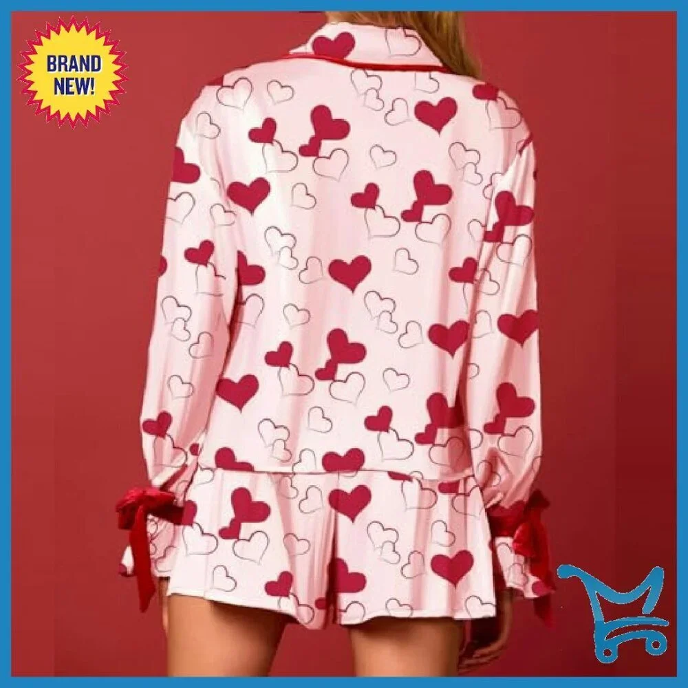 Satin Silk Pajama Set Long Sleeve Shorts Bow Heart Print Lounge Sleepwear